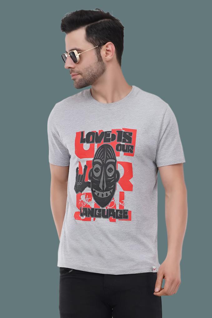 Trendy Printed Round Neck Pure Cotton Half Sleeve T-Shirt for Men | Love | Grey Melange