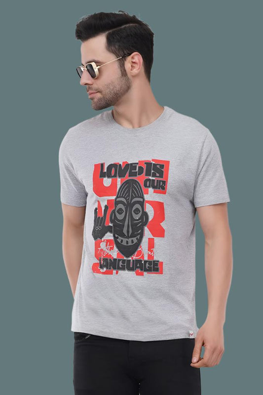 Trendy Printed Round Neck Pure Cotton Half Sleeve T-Shirt for Men | Love | Grey Melange