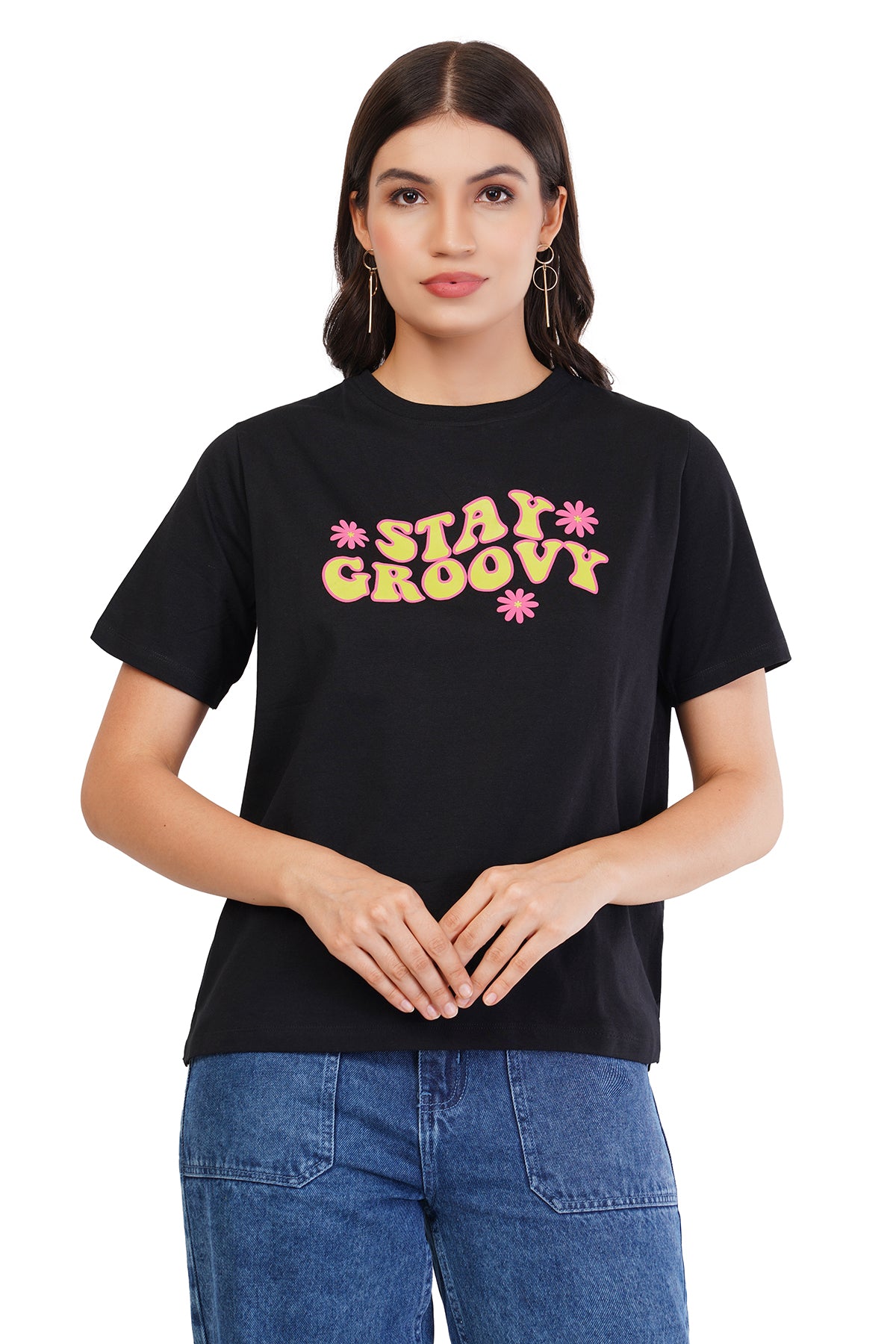 Women's Free Fit Printed Ladies T-Shirt | Stay Groovy | BLACK