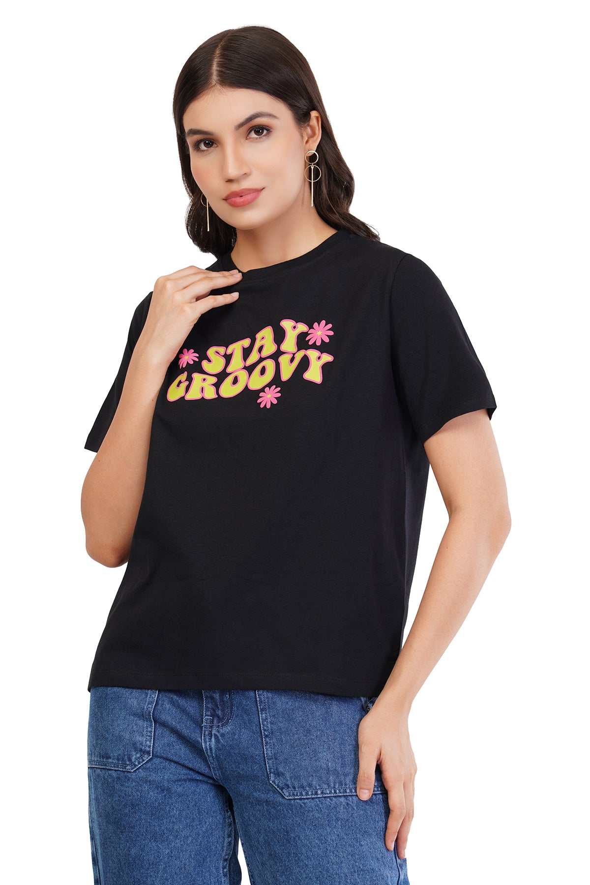 Women's Free Fit Printed Ladies T-Shirt | Stay Groovy | BLACK