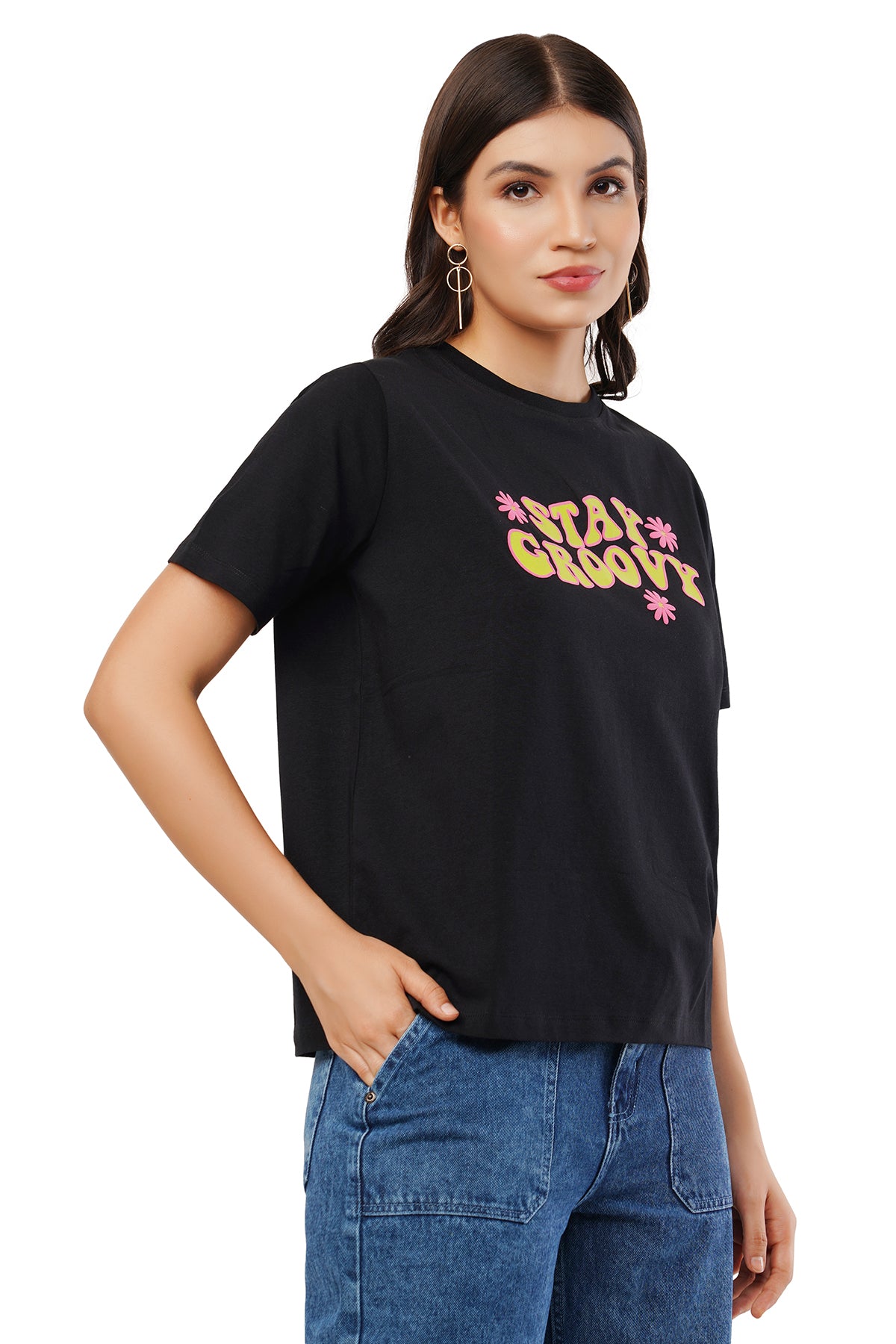 Women's Free Fit Printed Ladies T-Shirt | Stay Groovy | BLACK