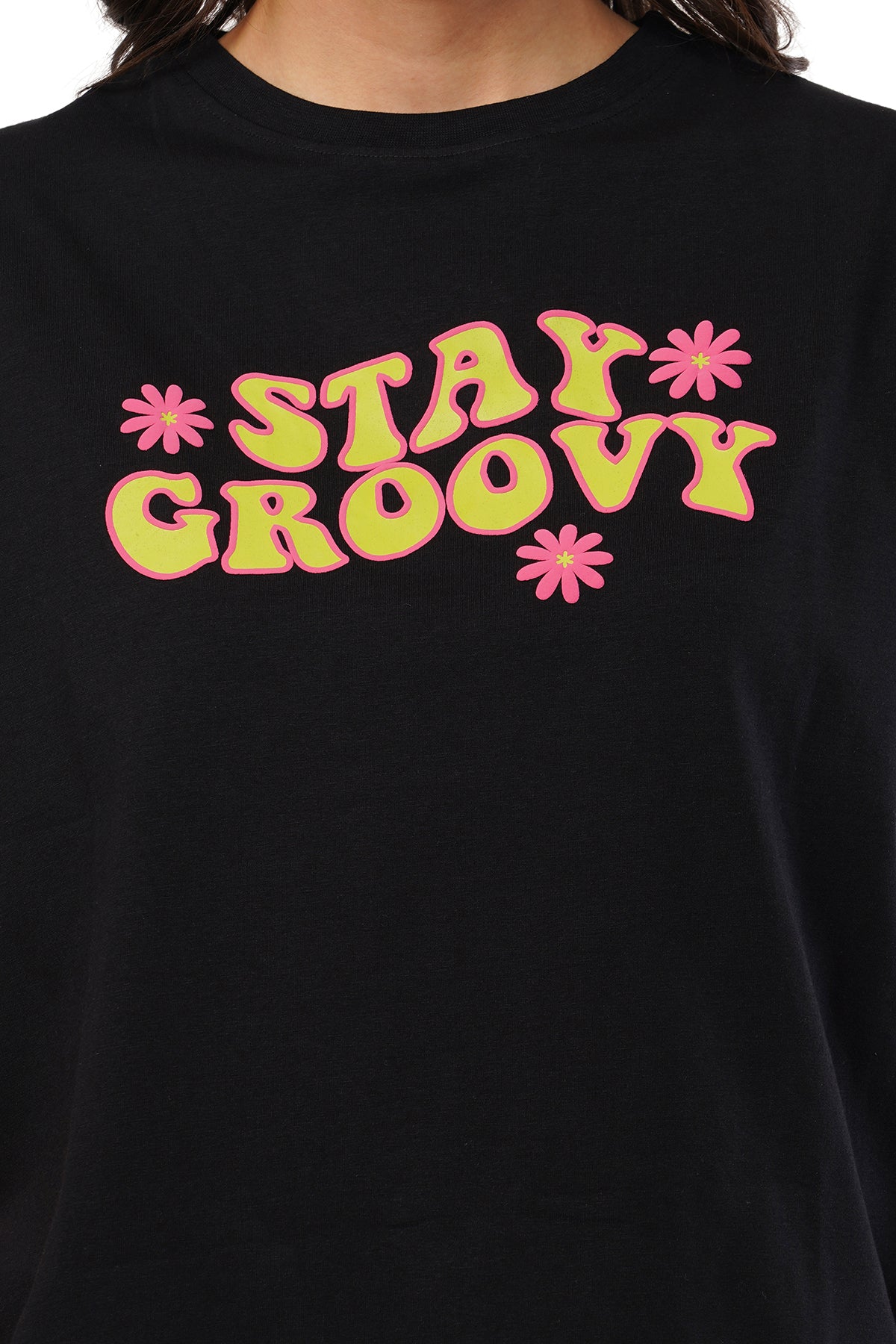 Women's Free Fit Printed Ladies T-Shirt | Stay Groovy | BLACK