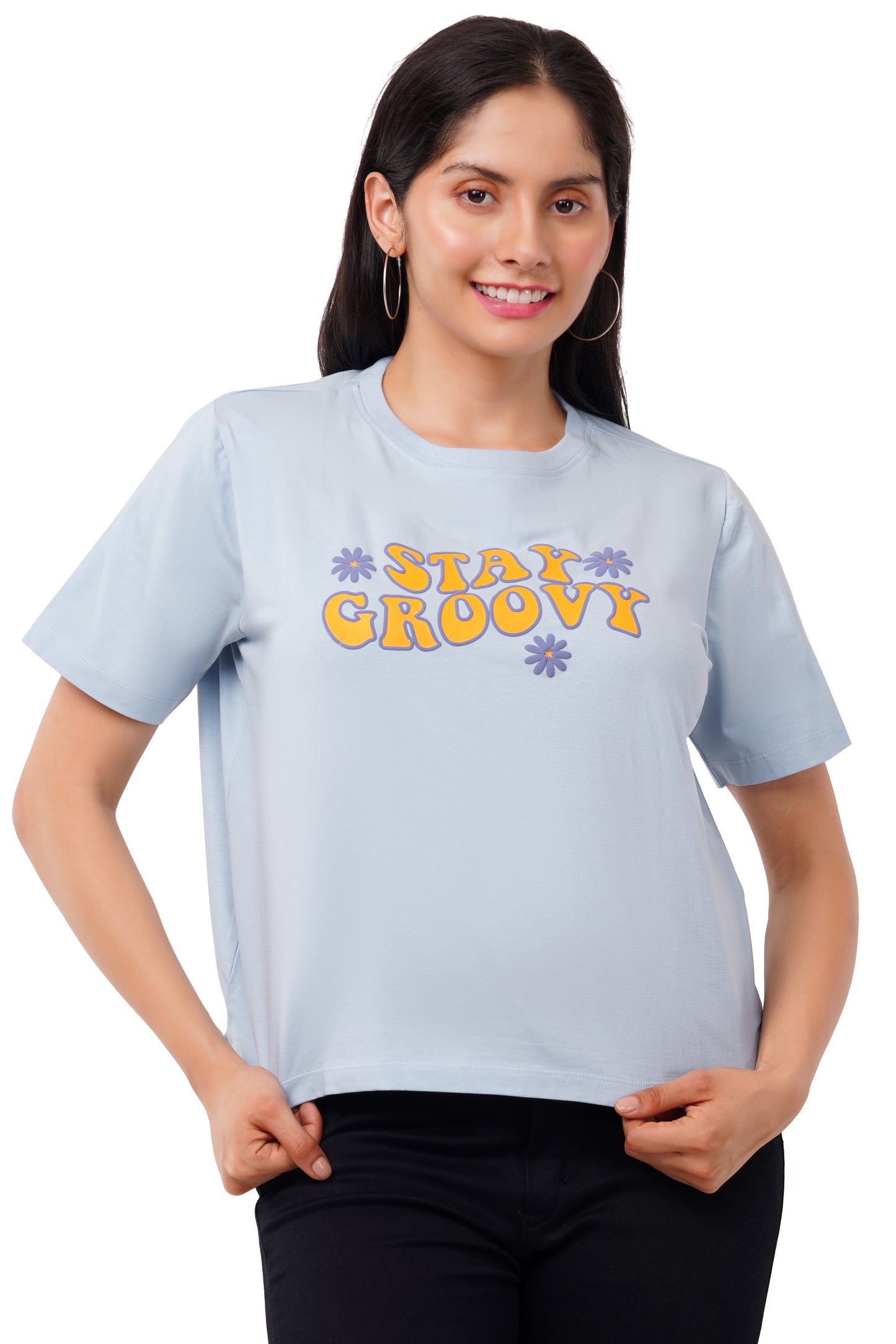 Women's Free Fit Printed Ladies T-Shirt | Stay Groovy | BLUE