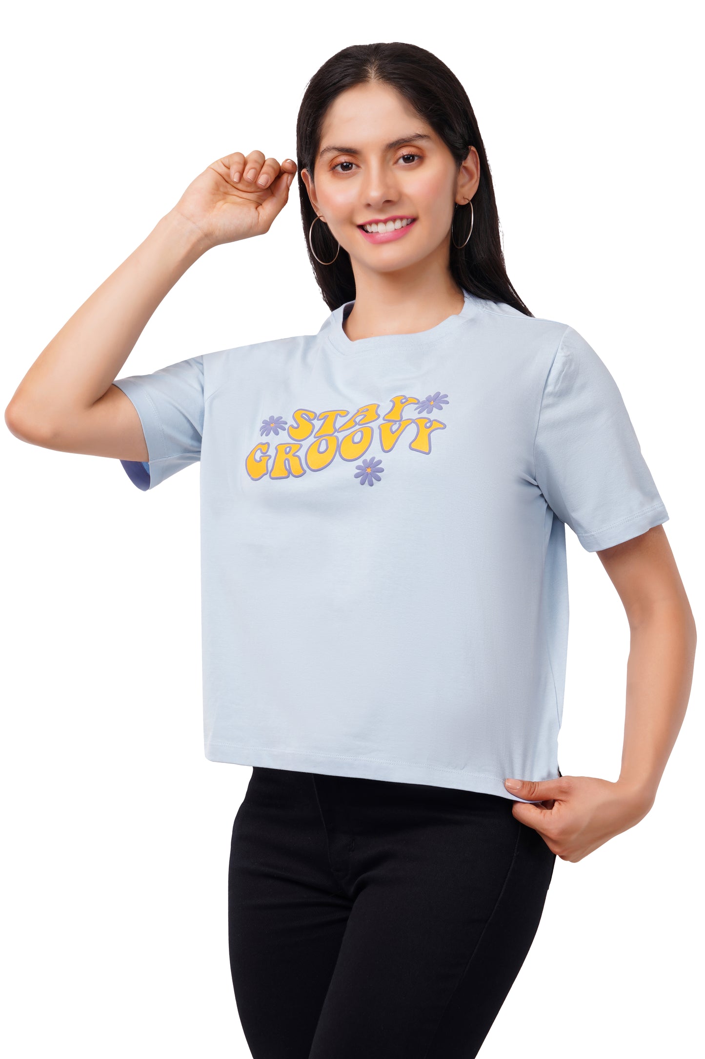 Women's Free Fit Printed Ladies T-Shirt | Stay Groovy | BLUE