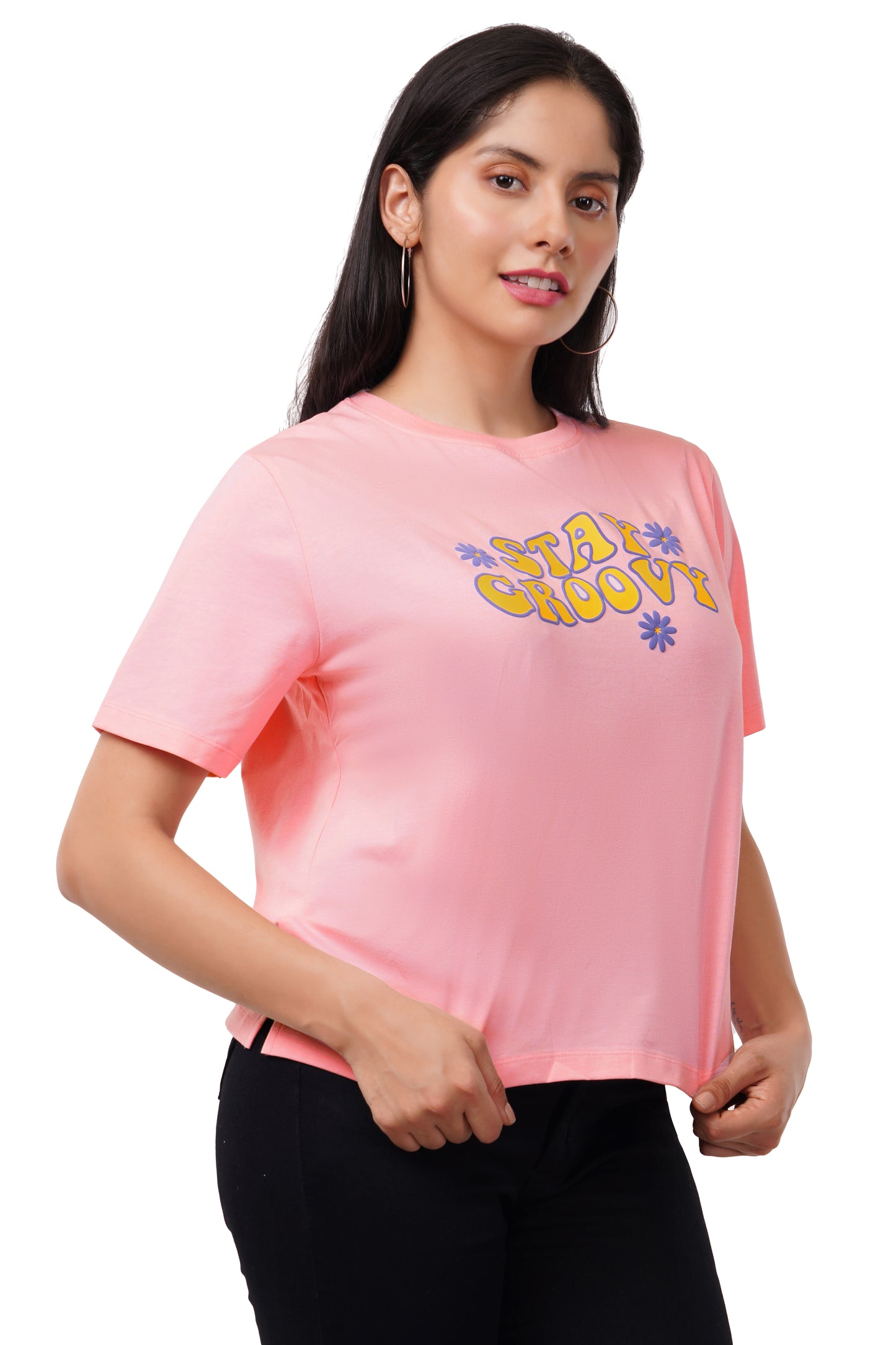 Women's Free Fit Printed Ladies T-Shirt | Stay Groovy | Candy Pink