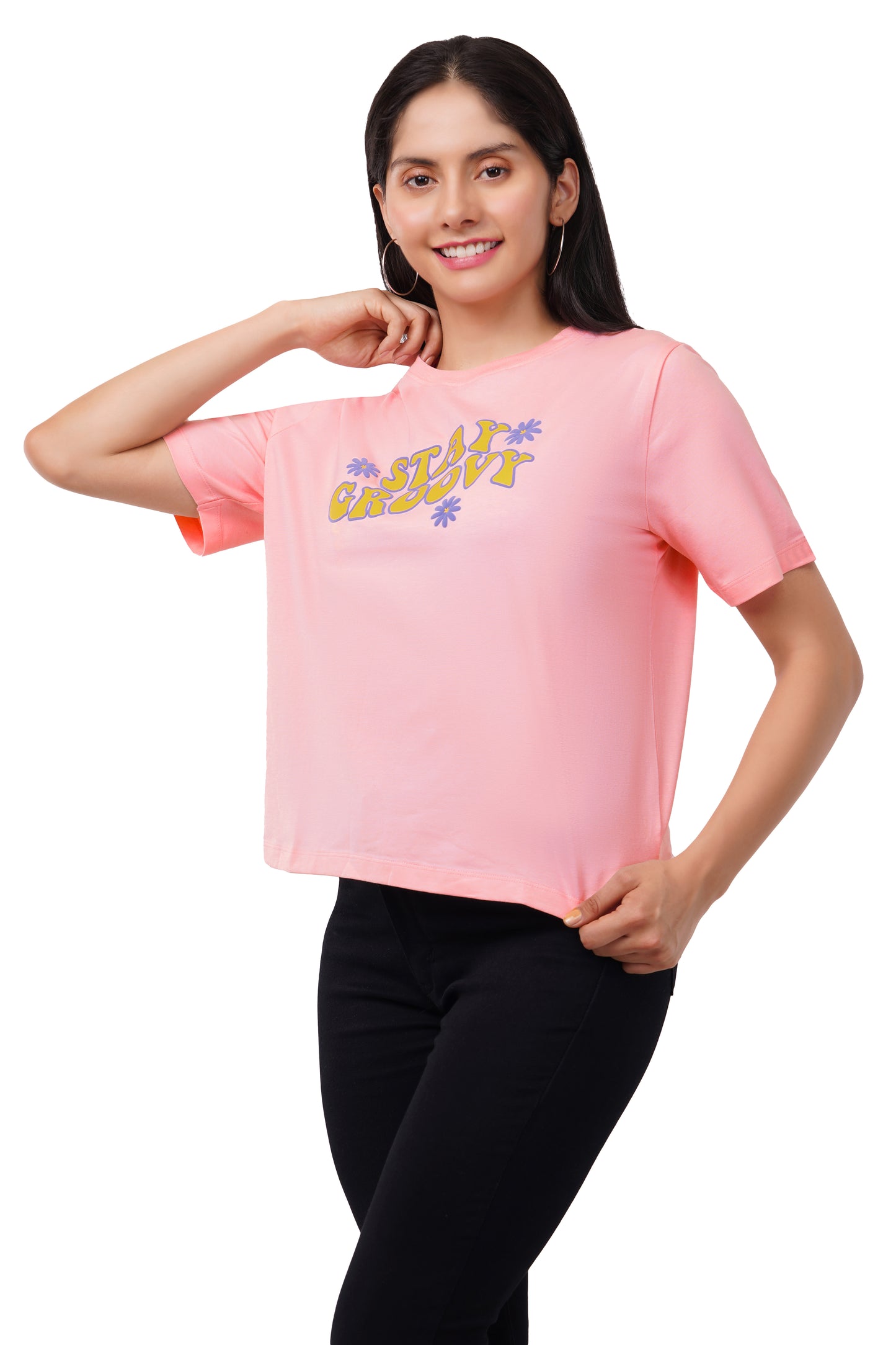 Women's Free Fit Printed Ladies T-Shirt | Stay Groovy | Candy Pink