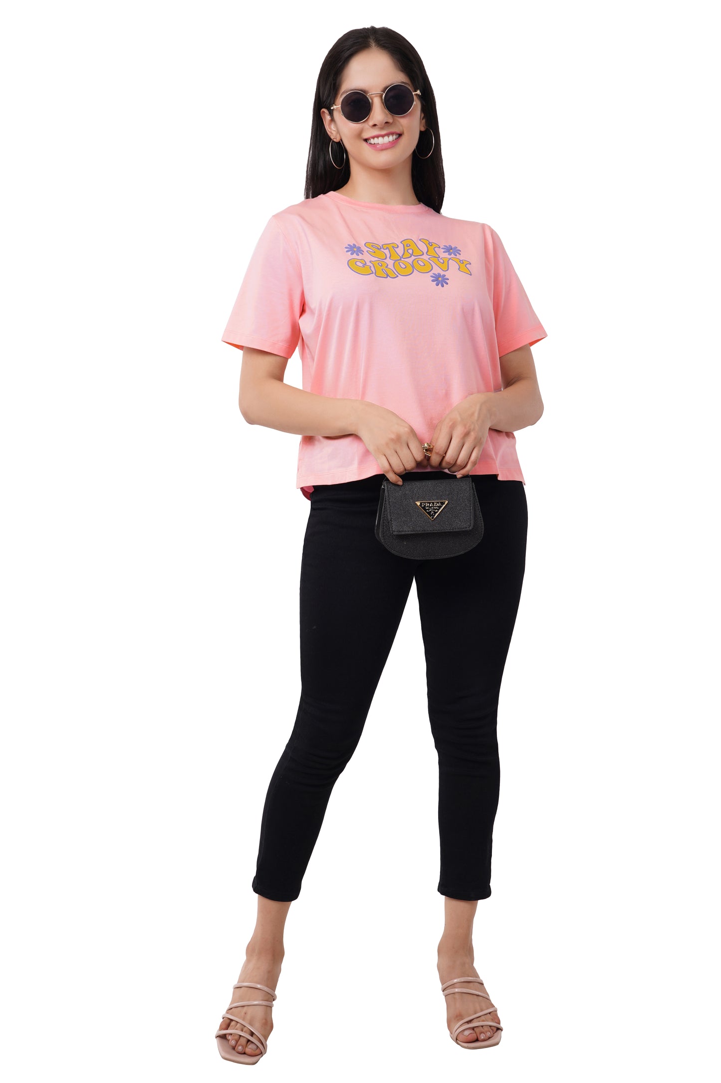 Women's Free Fit Printed Ladies T-Shirt | Stay Groovy | Candy Pink