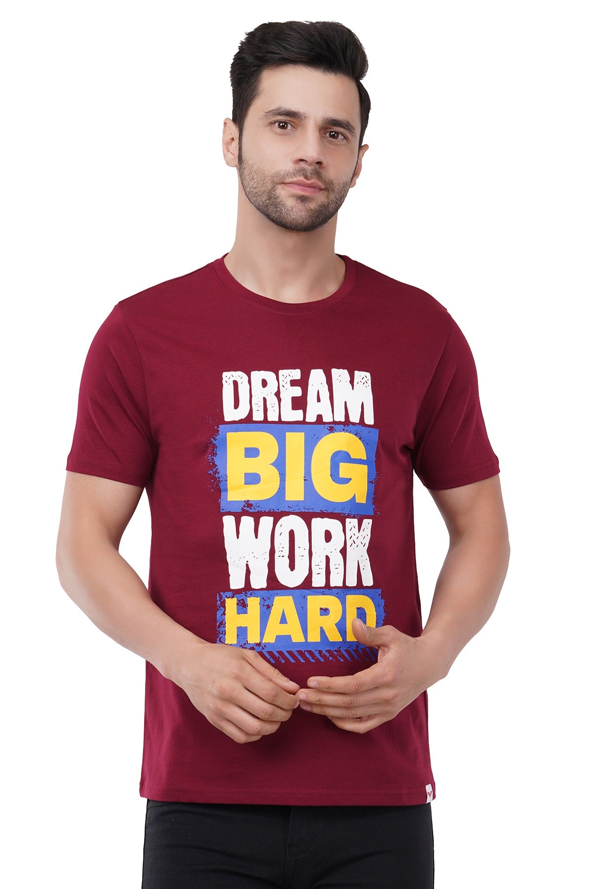 Trendy Printed Round Neck Pure Cotton Half Sleeve T-Shirt for Men | Work Hard | Wine Red (Copy)