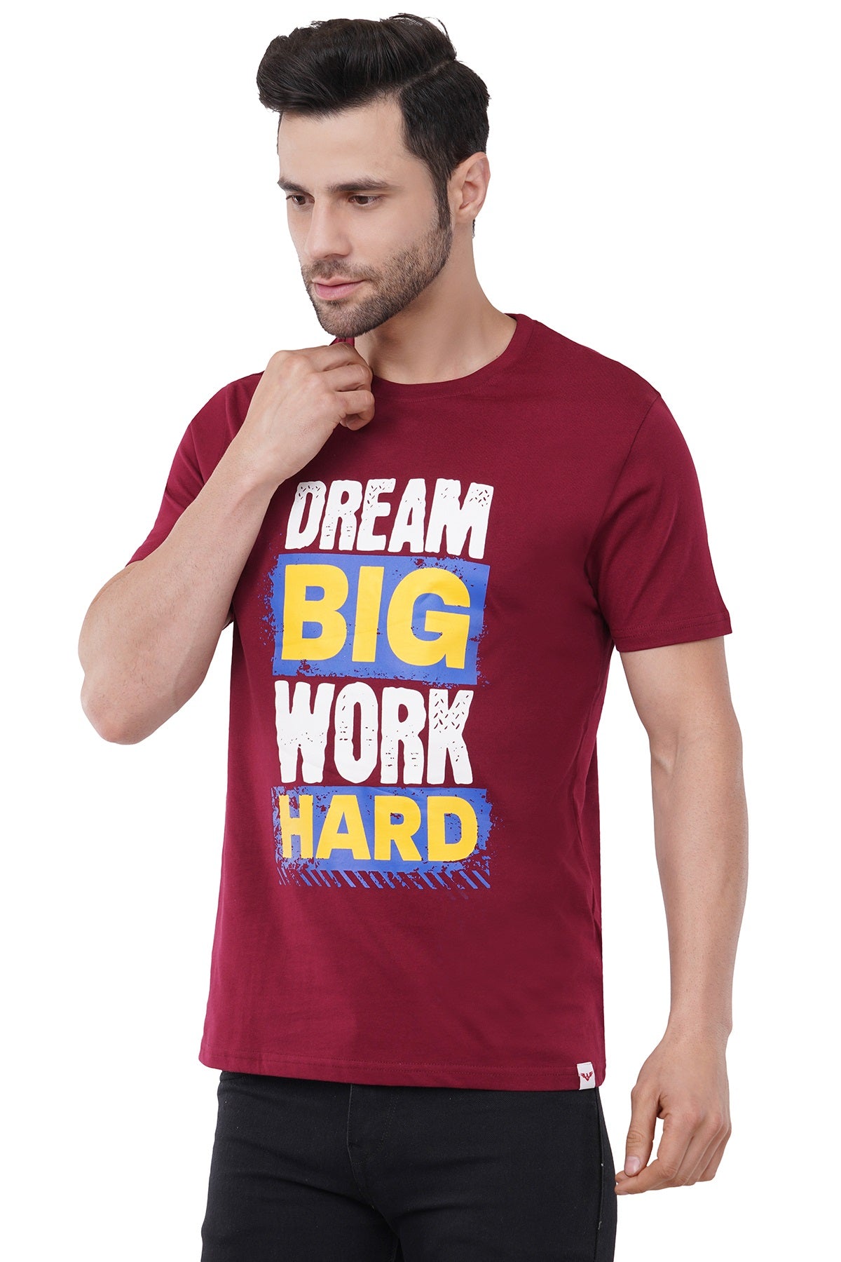 Trendy Printed Round Neck Pure Cotton Half Sleeve T-Shirt for Men | Work Hard | Wine Red (Copy)