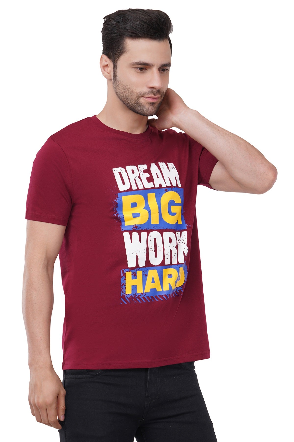 Trendy Printed Round Neck Pure Cotton Half Sleeve T-Shirt for Men | Work Hard | Wine Red (Copy)