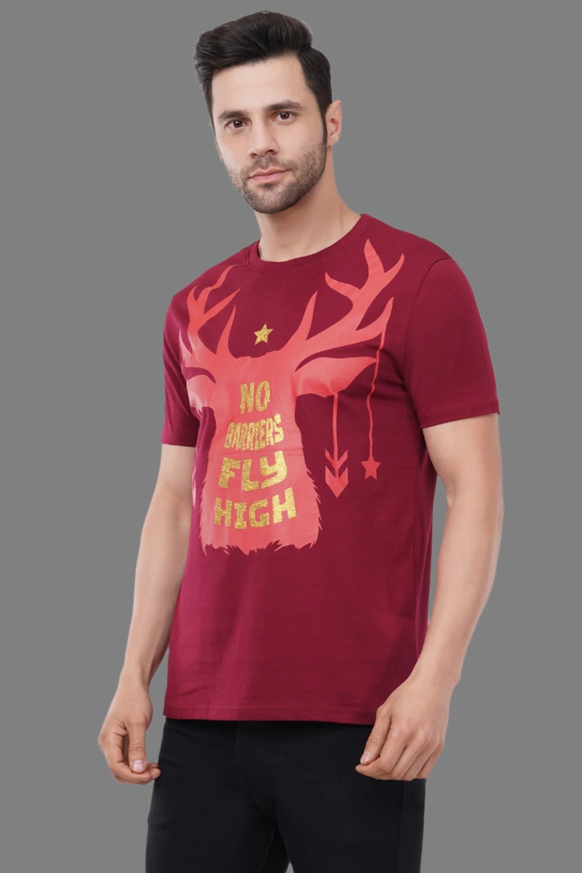 Trendy Printed Round Neck Pure Cotton Half Sleeve T-Shirt for Men | Fly High | Wine Red