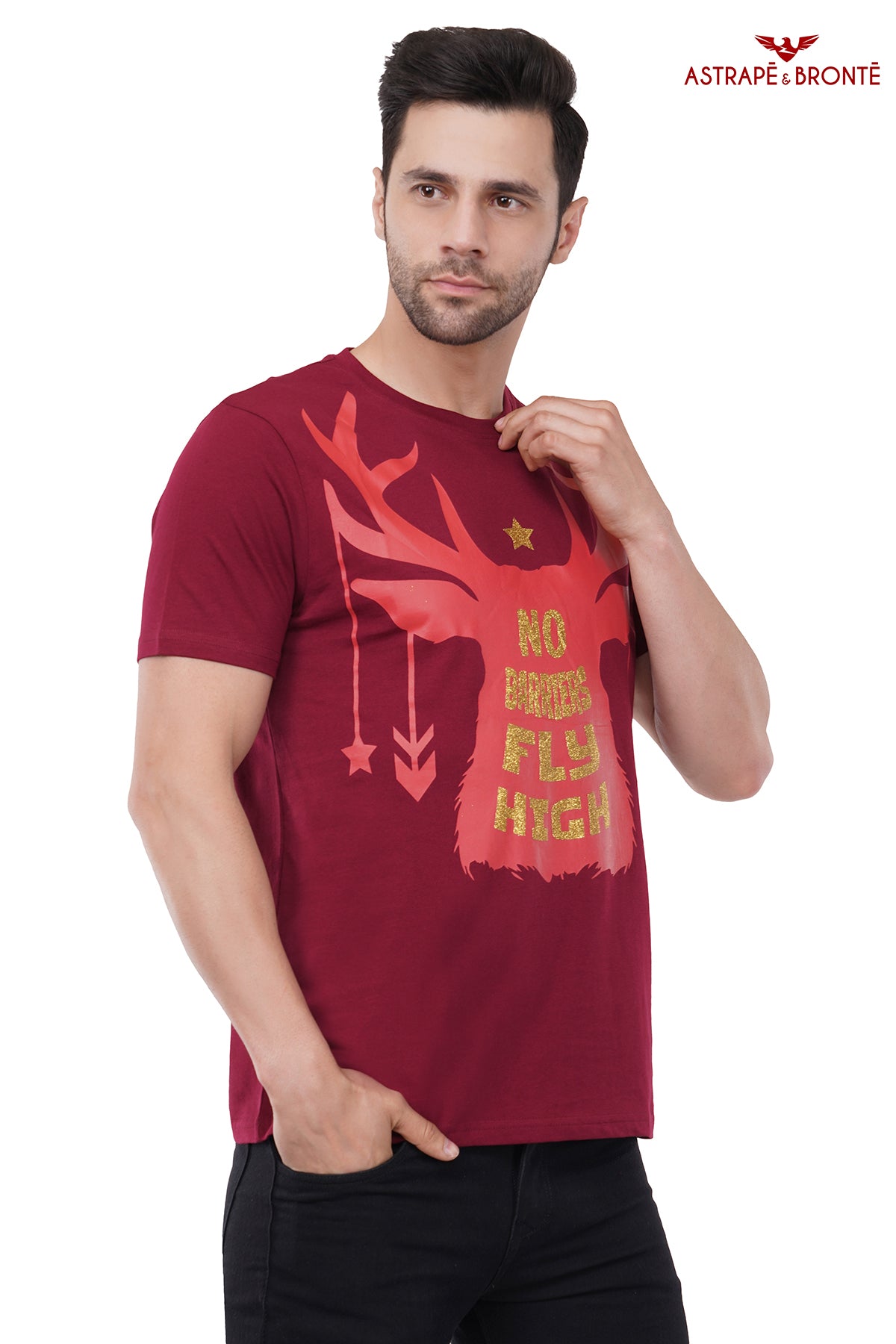 Trendy Printed Round Neck Pure Cotton Half Sleeve T-Shirt for Men | Fly High | Wine Red