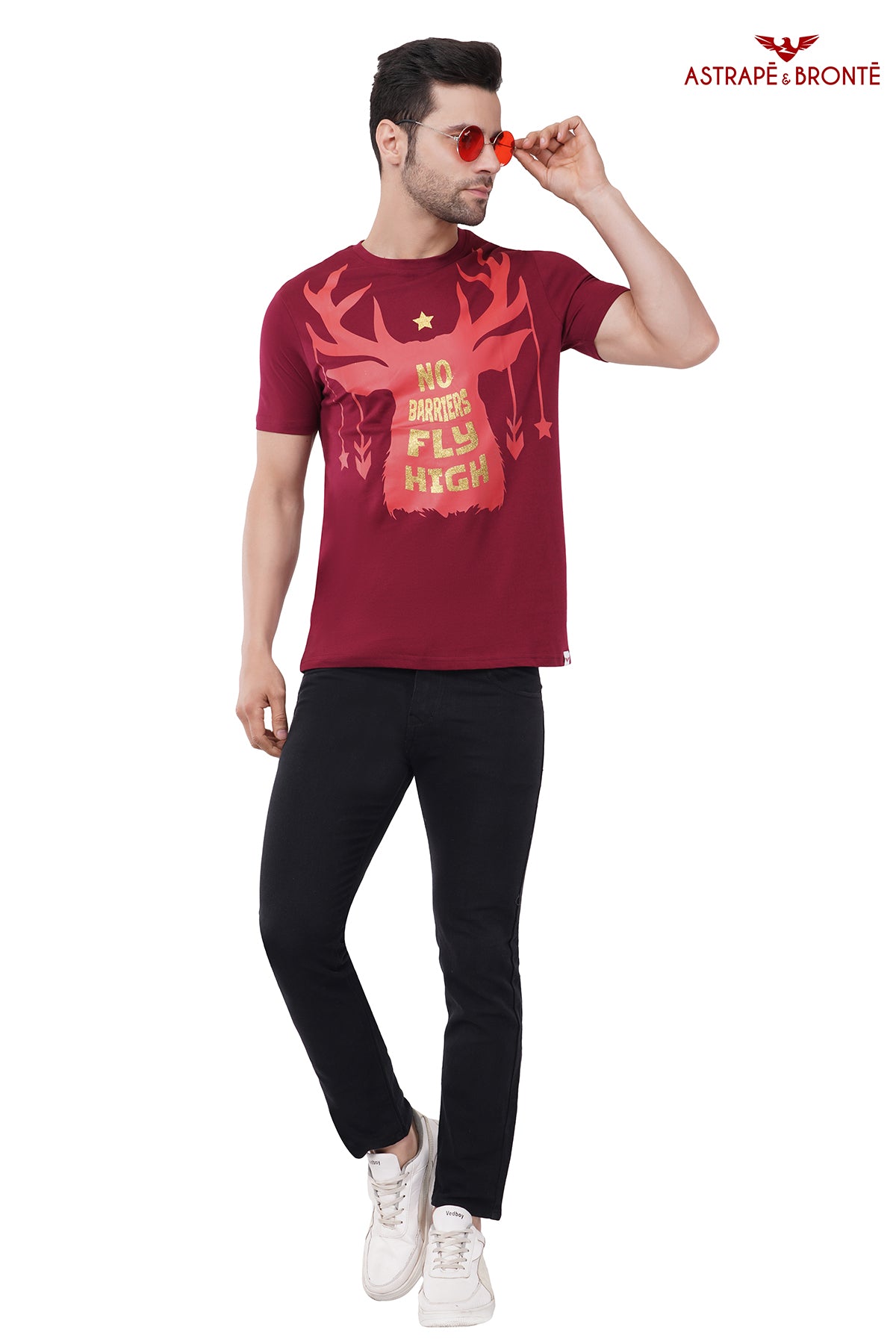 Trendy Printed Round Neck Pure Cotton Half Sleeve T-Shirt for Men | Fly High | Wine Red